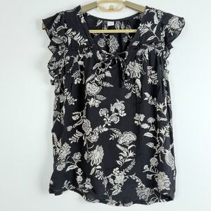 Old Navy Black Floral Ruffle Cap Sleeve Tie Neck Blouse Top Small